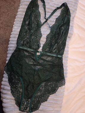 SHEIN Dark Green Lace Plunge Teddy